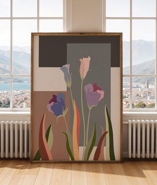 Arte floral abstracto con fondo geométrico colorido