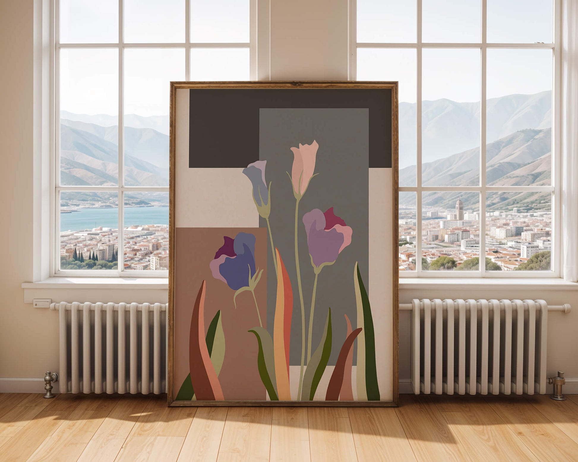 Arte floral abstracto con fondo geométrico colorido