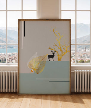 Abstract Deer with Golden Elements and Leaves on Minimalist Background