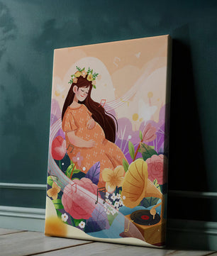 Femme dans la nature avec des fleurs et des notes de musique