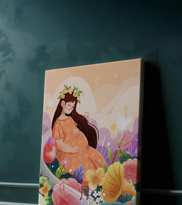 Woman in nature with flowers and musical notes