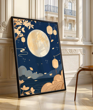 Full Moon Night with Lanterns and Falling Leaves in Tranquil Landscape