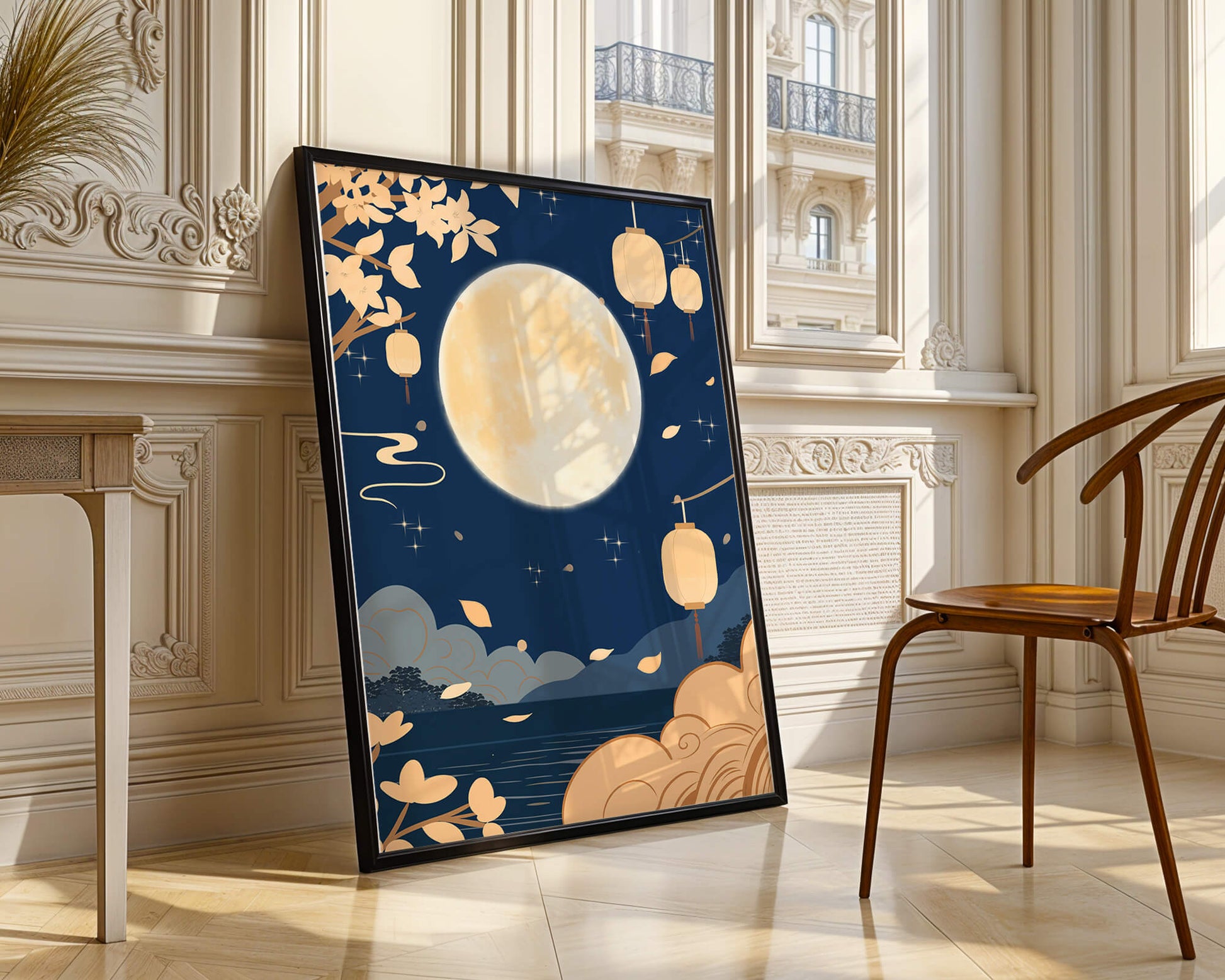 Full Moon Night with Lanterns and Falling Leaves in Tranquil Landscape