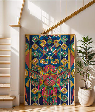 Obra de arte abstracta geométrica colorida con patrones simétricos