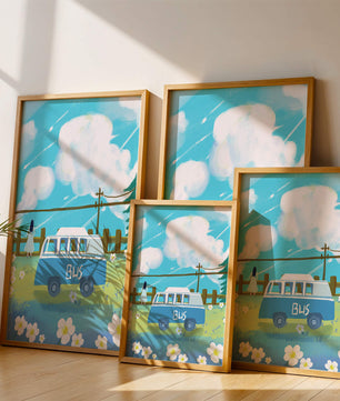 Ilustración escénica con autobús azul y prado en flor