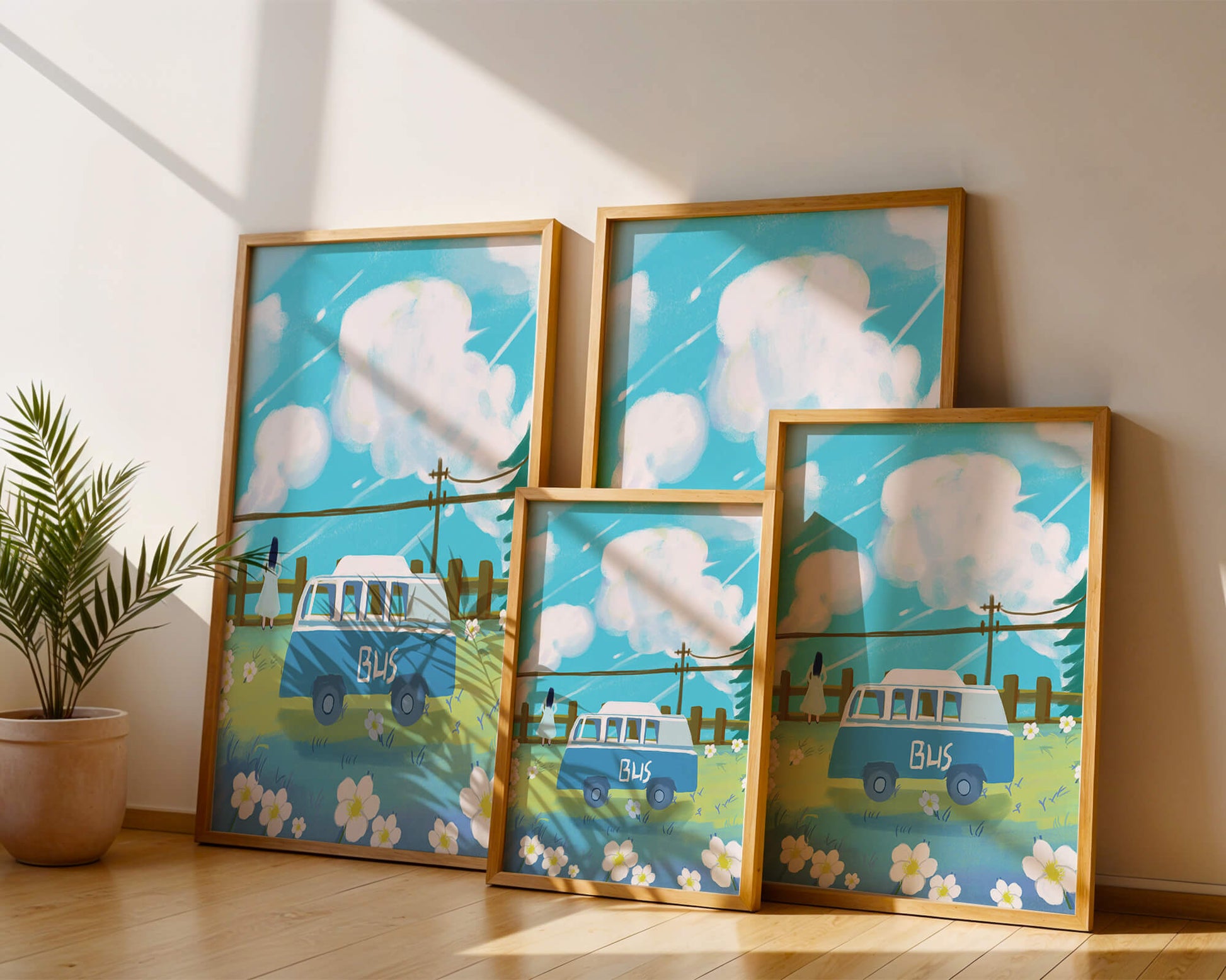 Ilustración escénica con autobús azul y prado en flor