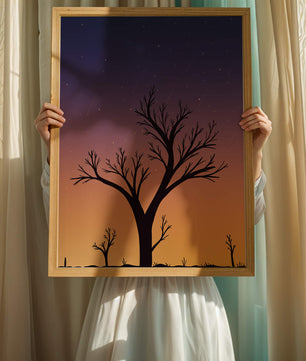 Silhouette Of Tree Against Stunning Sunset Sky With Stars