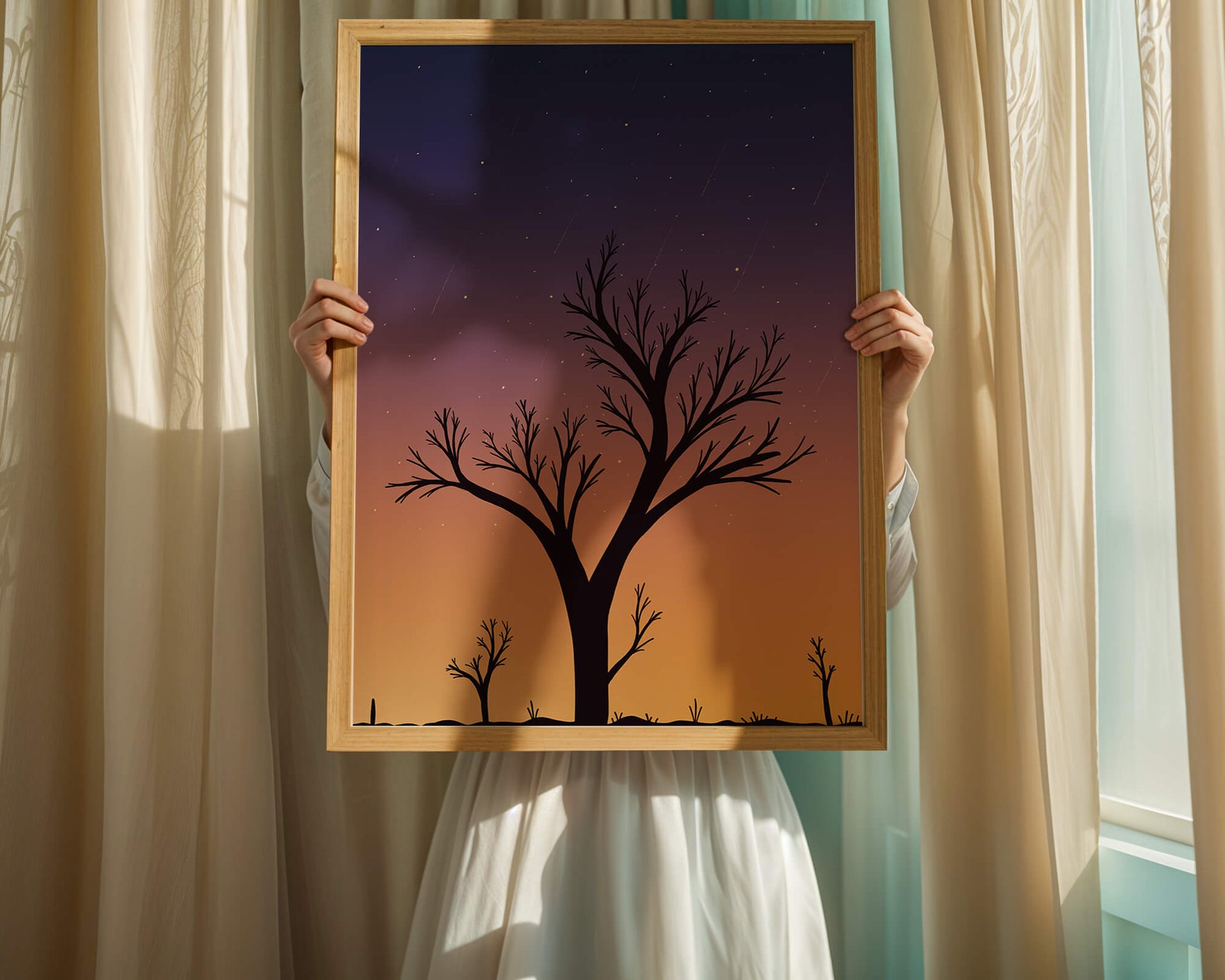 Silhouette Of Tree Against Stunning Sunset Sky With Stars