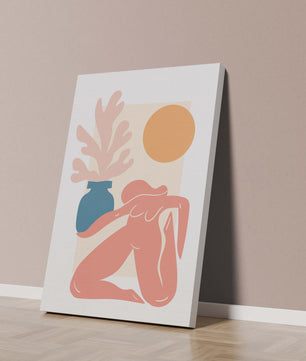 Figura desnuda abstracta con jarrón y sol en estilo minimalista