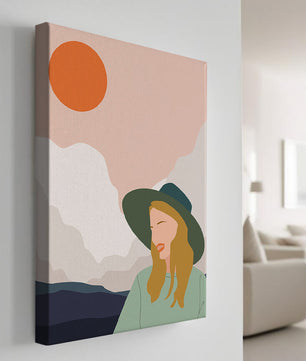 Abstrakte Illustration einer Frau mit Hut vor einer Kulisse aus Sonne und Bergen
