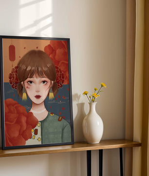 Digital art of a girl with floral and lantern elements