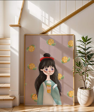 Illustration of a girl with a beverage surrounded by citrus slices