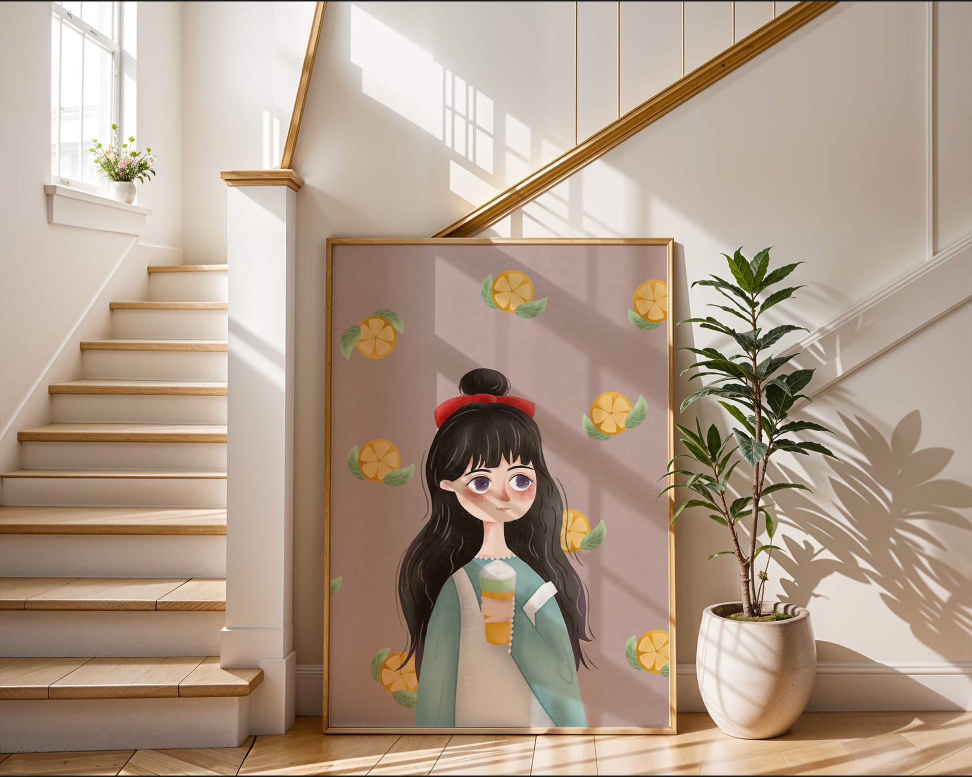 Illustration of a girl with a beverage surrounded by citrus slices