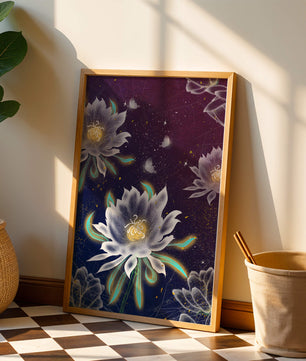 Lotus Flowers and Butterflies in a Starry Night Sky with Gold Accents - Mi tienda