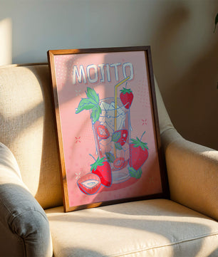 Ilustración de un mojito de fresa con fondo rosa vibrante y diseño juguetón