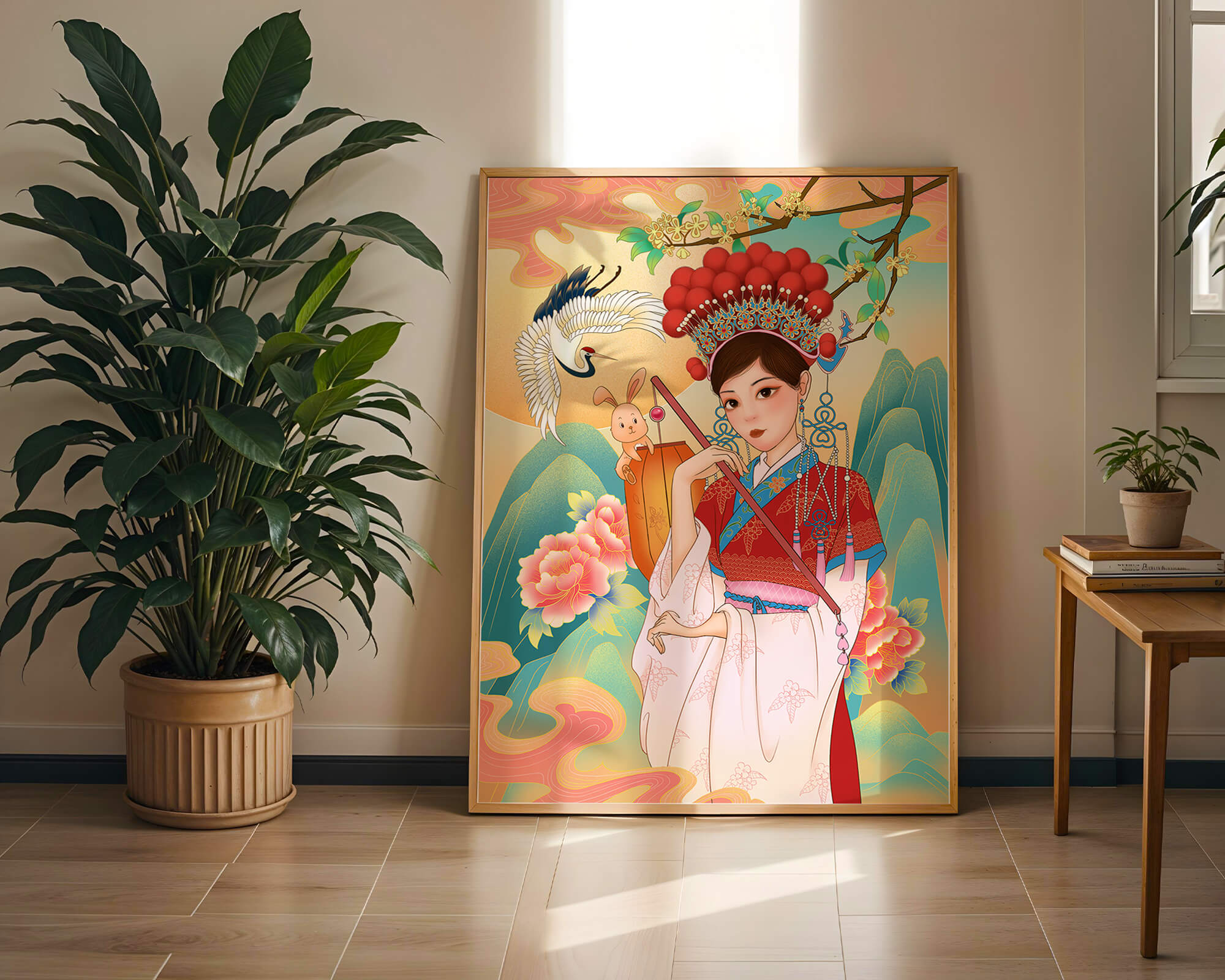 Elegant traditional Chinese illustration featuring a woman in vibrant attire with floral and animal motifs