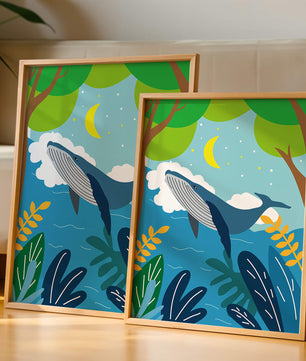 Illustration eines Wals in einer farbenfrohen Waldszene mit Mond und Pflanzen