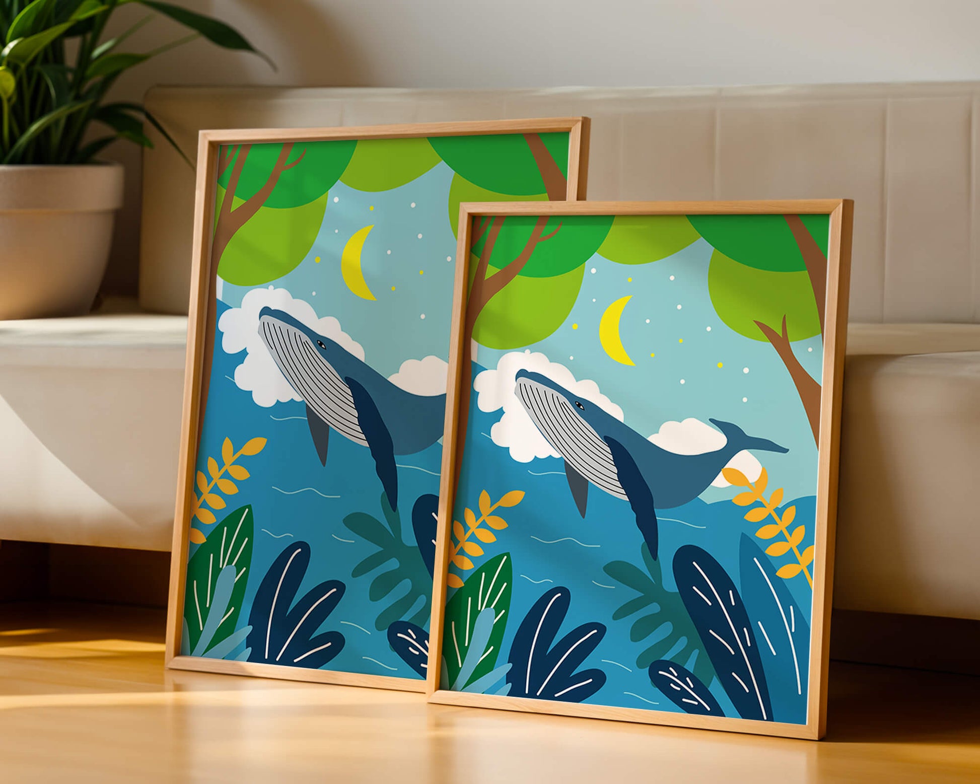 Illustration of a whale in a colorful forest scene with moon and plants