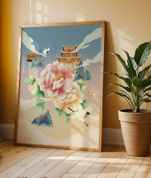 Elegant Asian Landscape With Pagoda, Cranes, and Peonies