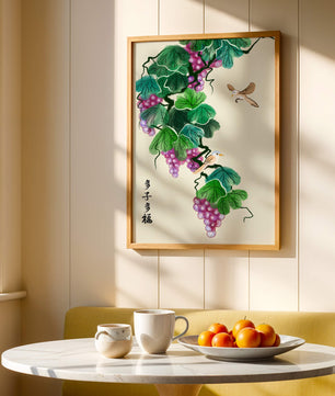 Watercolor grapevine and birds illustration with traditional art style