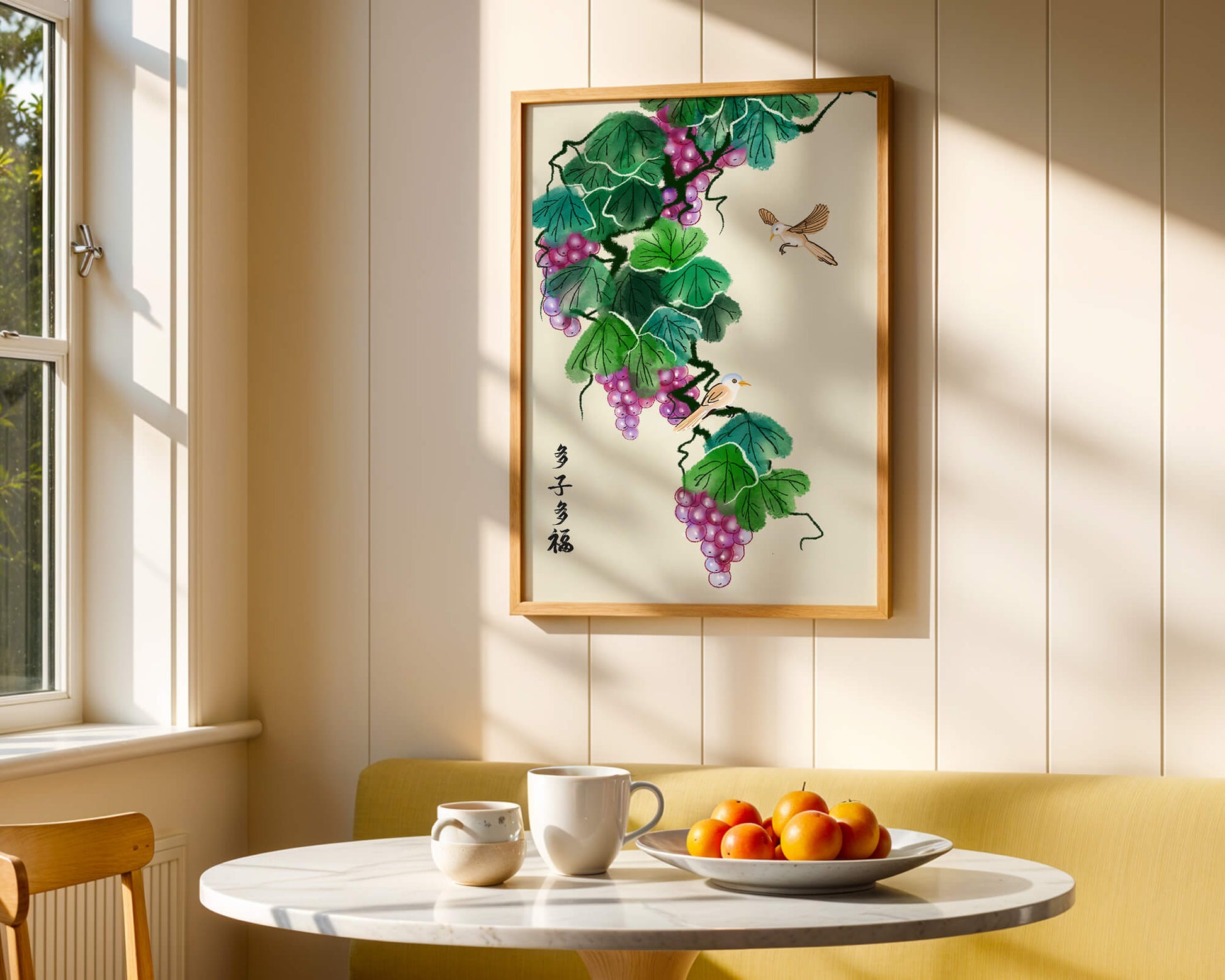 Watercolor grapevine and birds illustration with traditional art style