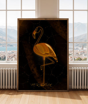 Elegant golden flamingo on abstract dark background