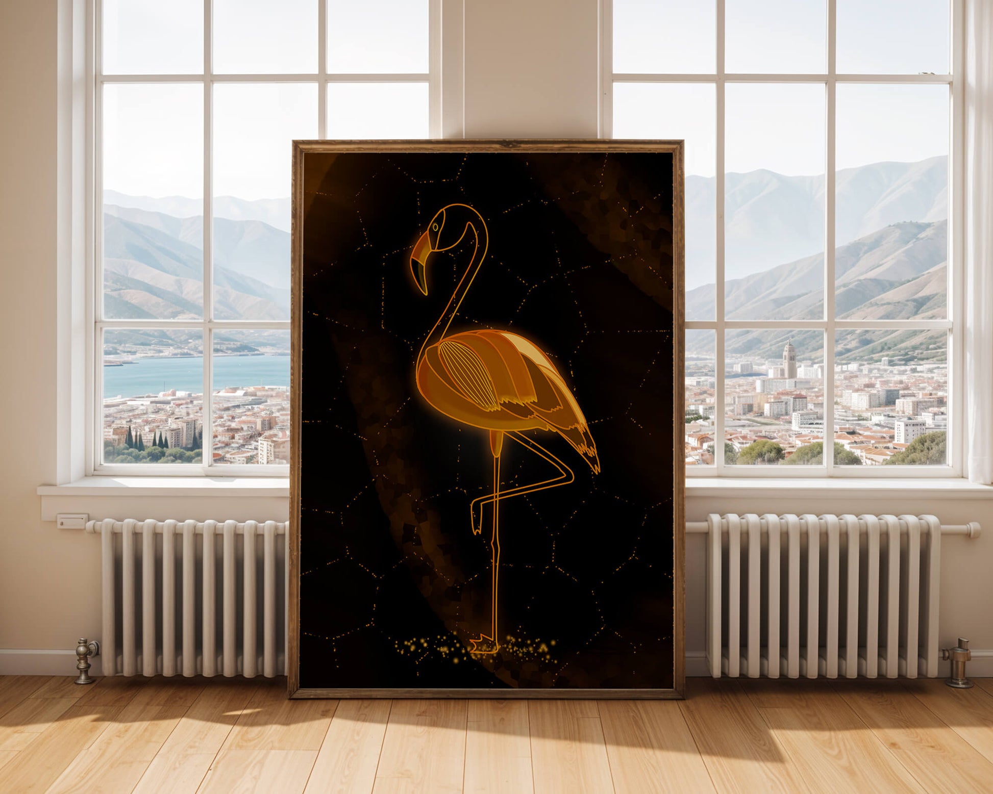 Elegant golden flamingo on abstract dark background