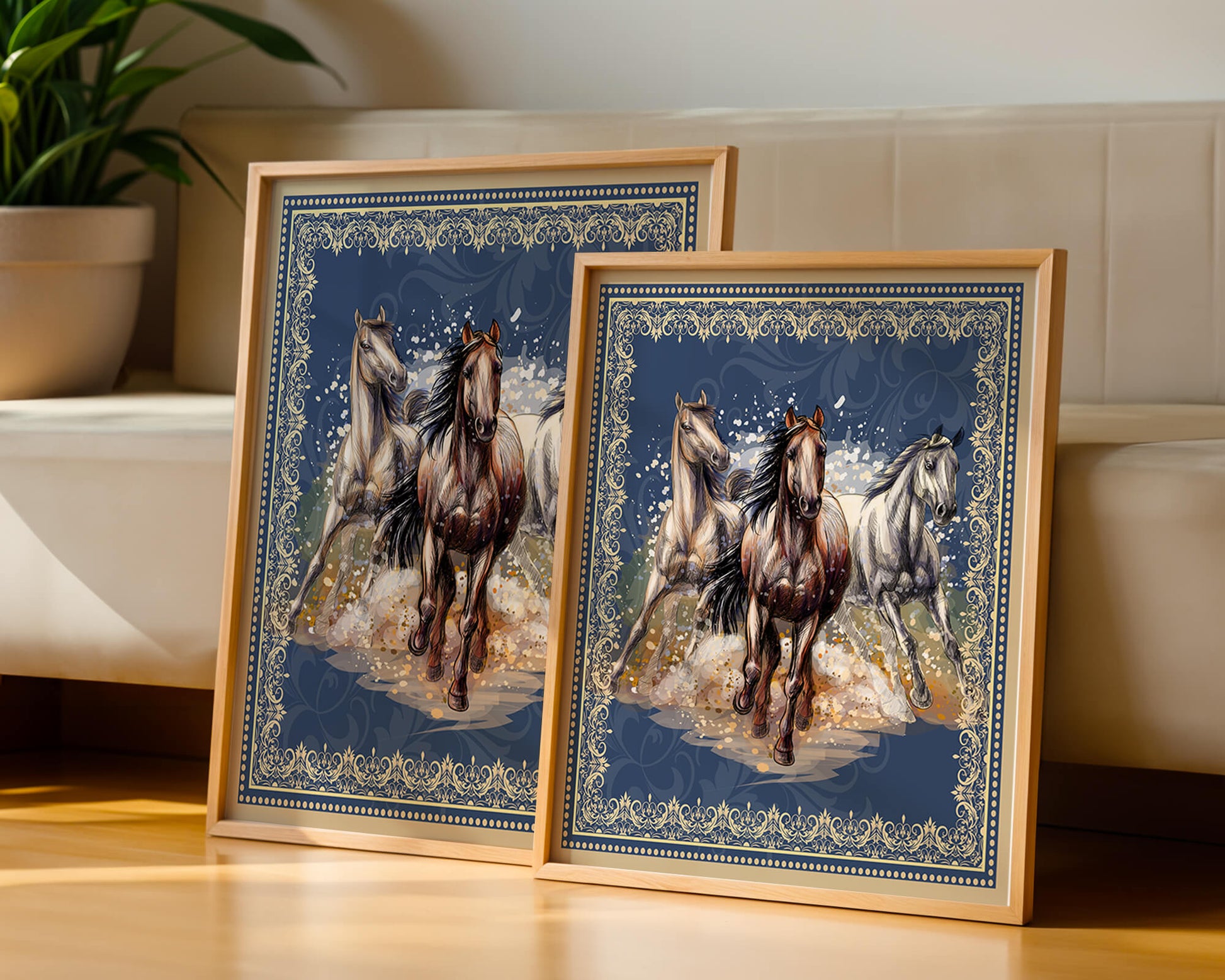 Running horses framed with elegant golden border on a blue background
