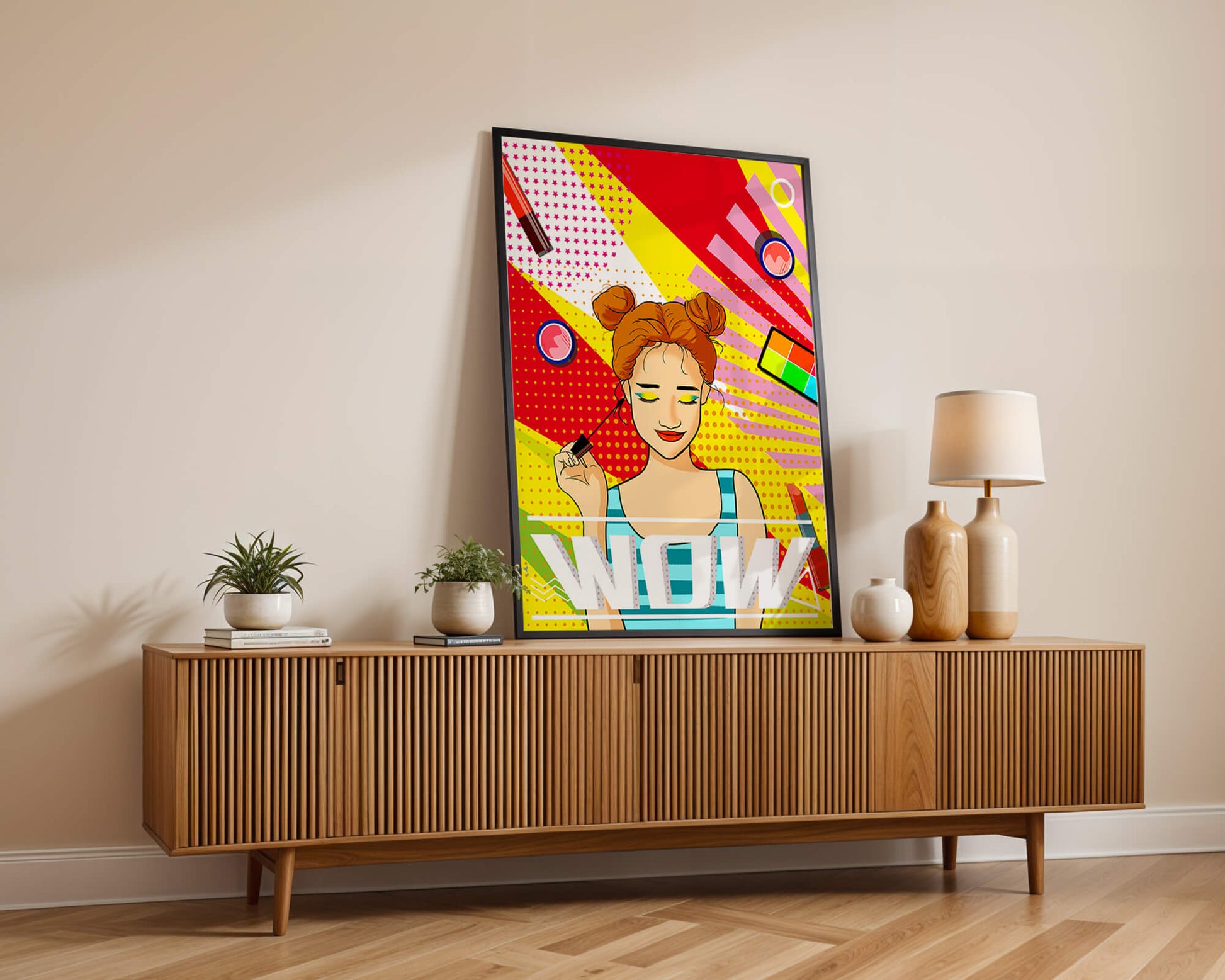 Ilustración de arte pop vibrante con una niña sonriente con maquillaje colorido y patrones audaces