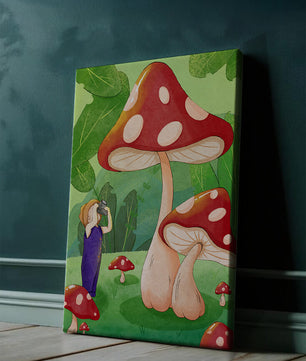 Playful illustration of a child with oversized mushrooms in a whimsical forest setting