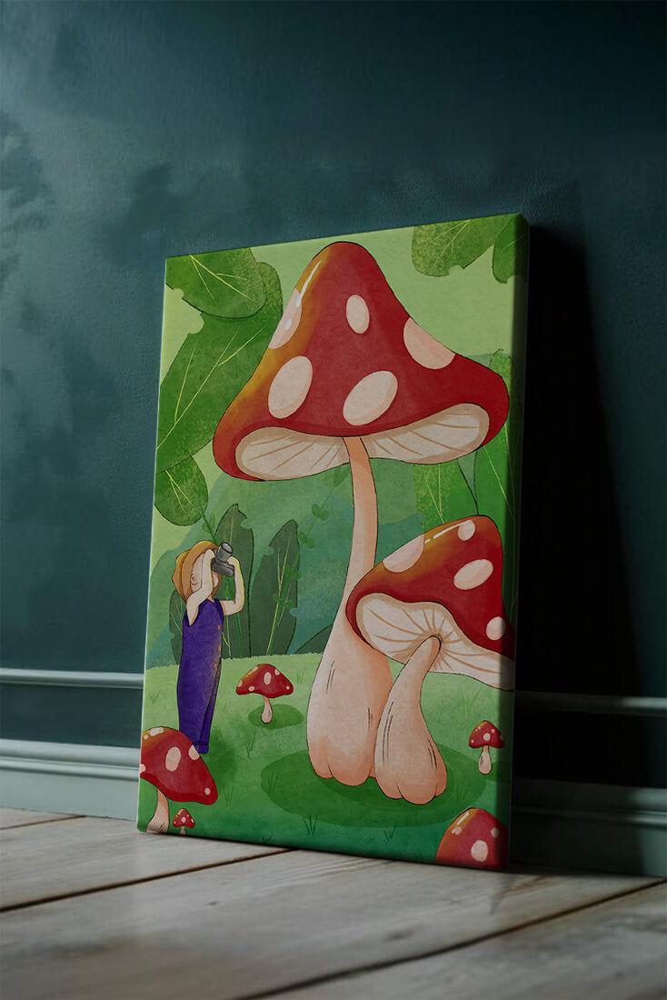 Playful illustration of a child with oversized mushrooms in a whimsical forest setting