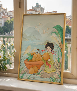 Paisaje sereno con una chica y una cesta de naranjas junto al agua