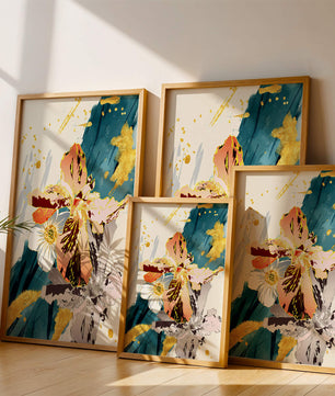 Obra de arte floral abstracta elegante con detalles dorados