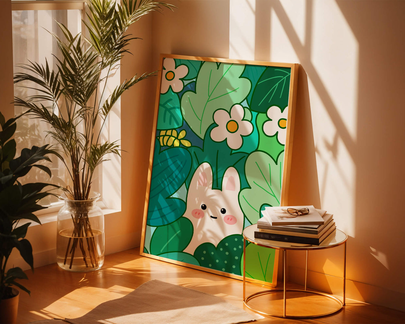 Illustration of a cute rabbit hidden among flowers and greenery