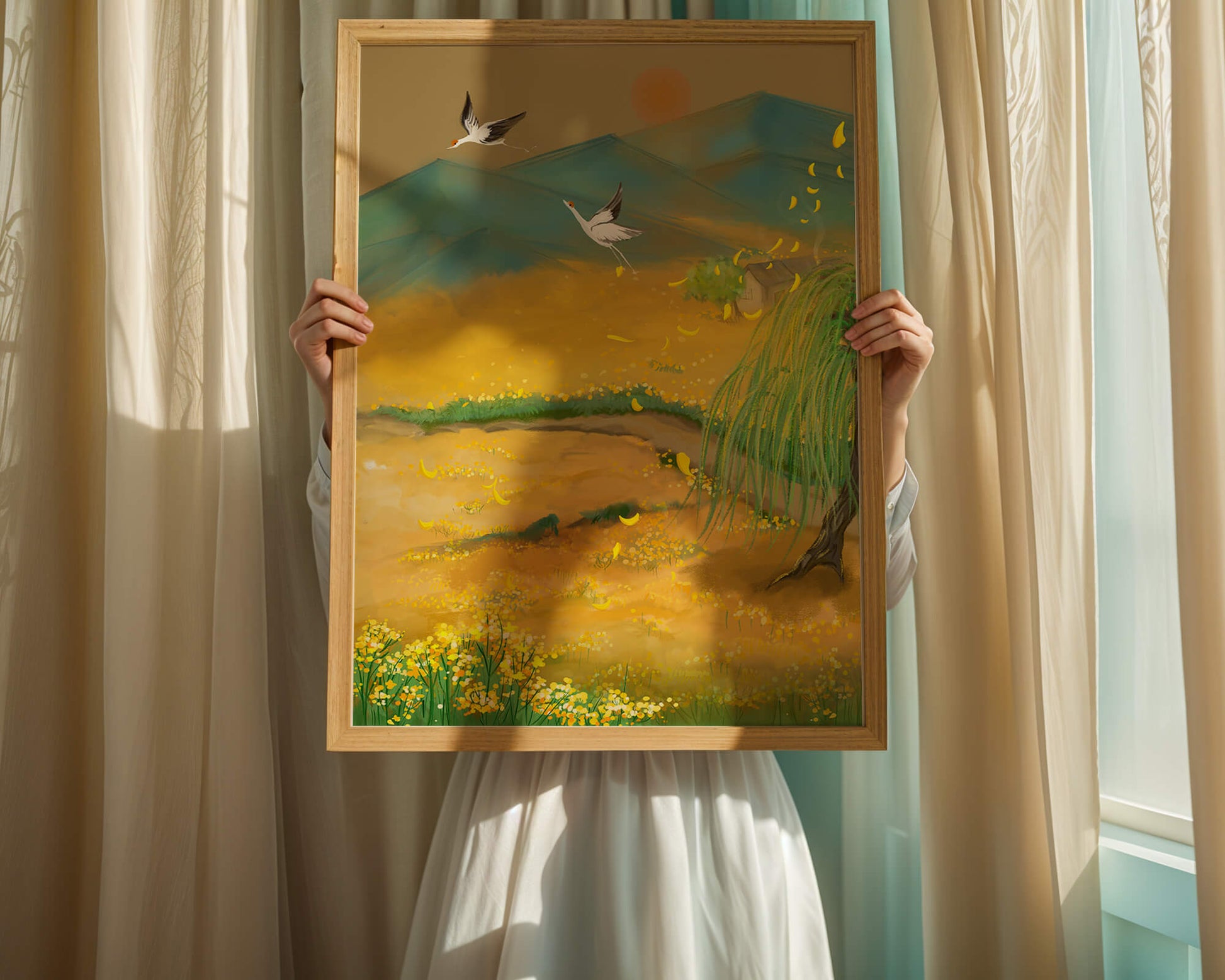 Ruhige Landschaft mit fliegenden Kranichen und goldenen Blüten