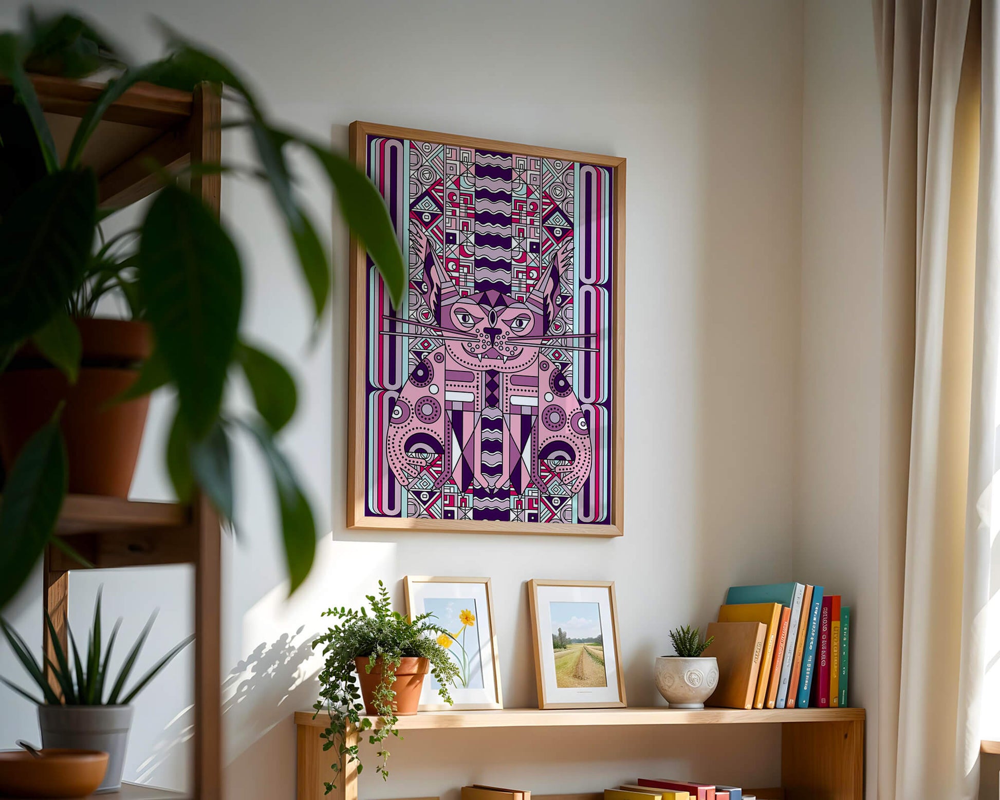 Art de chat géométrique coloré avec motifs abstraits en tons pastel