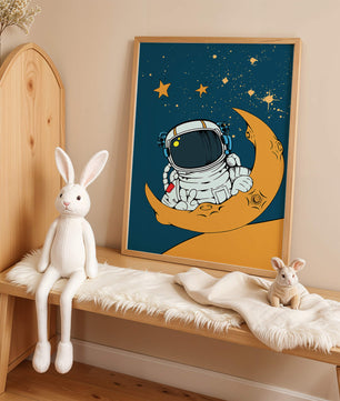 Charming Astronaut Sitting on a Crescent Moon with Stars in Space - Mi tienda