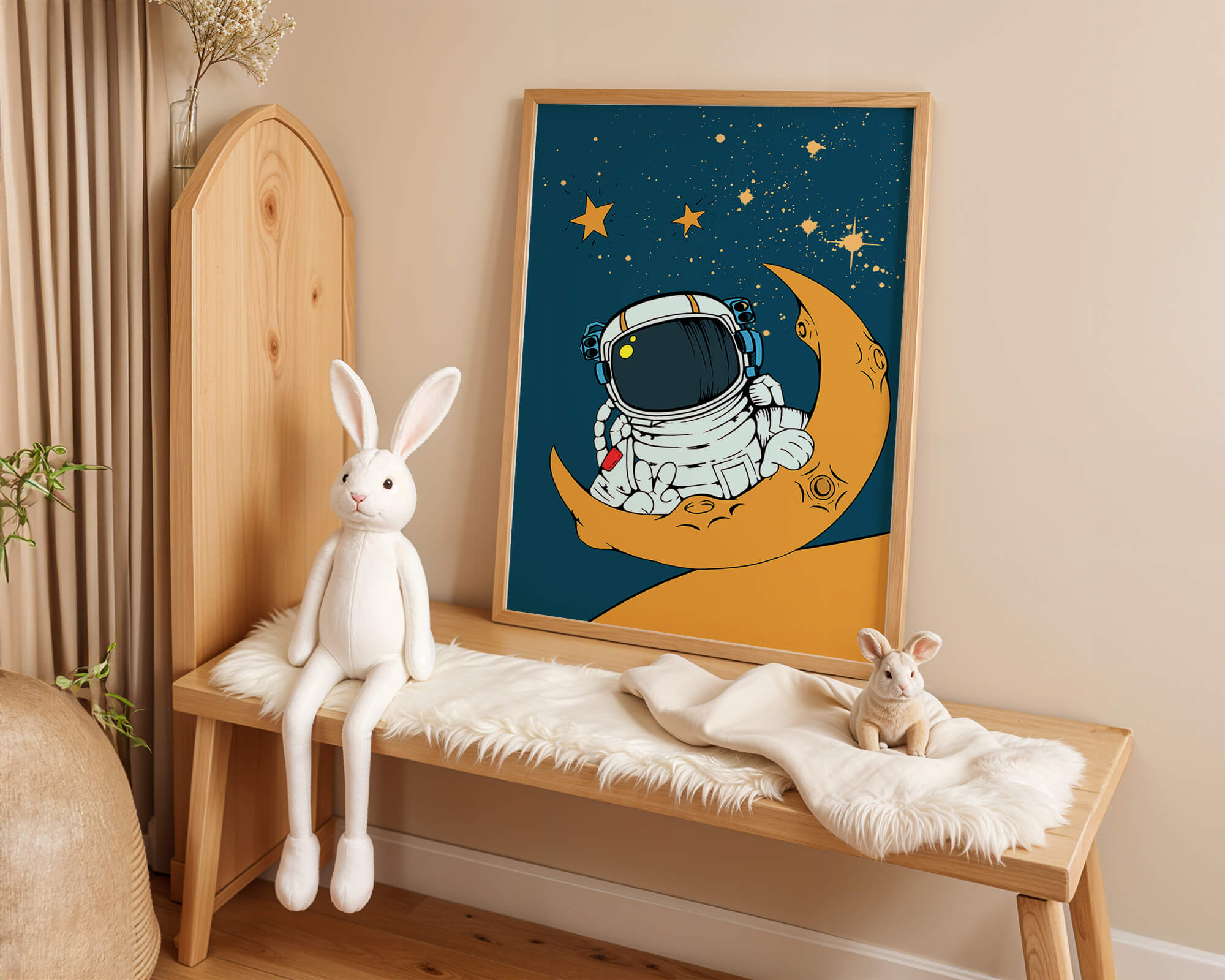 Charming Astronaut Sitting on a Crescent Moon with Stars in Space - Mi tienda