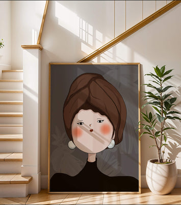 Elegant portrait of a woman with a unique headscarf and expressive features