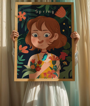 Ilustración primaveral encantadora con flores y mariposa