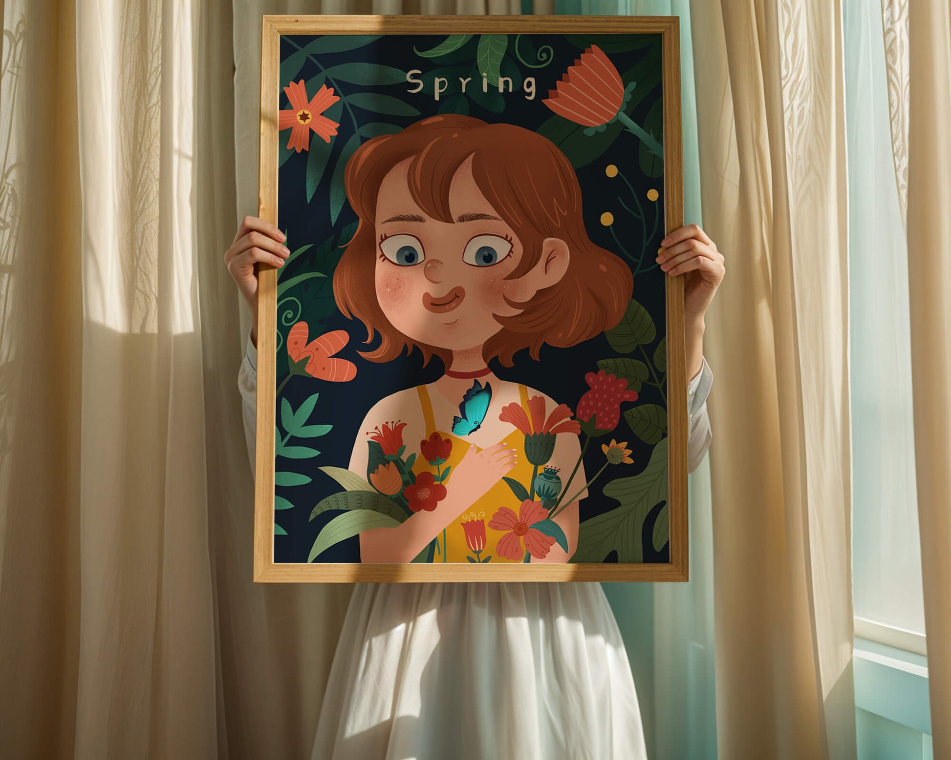 Ilustración primaveral encantadora con flores y mariposa
