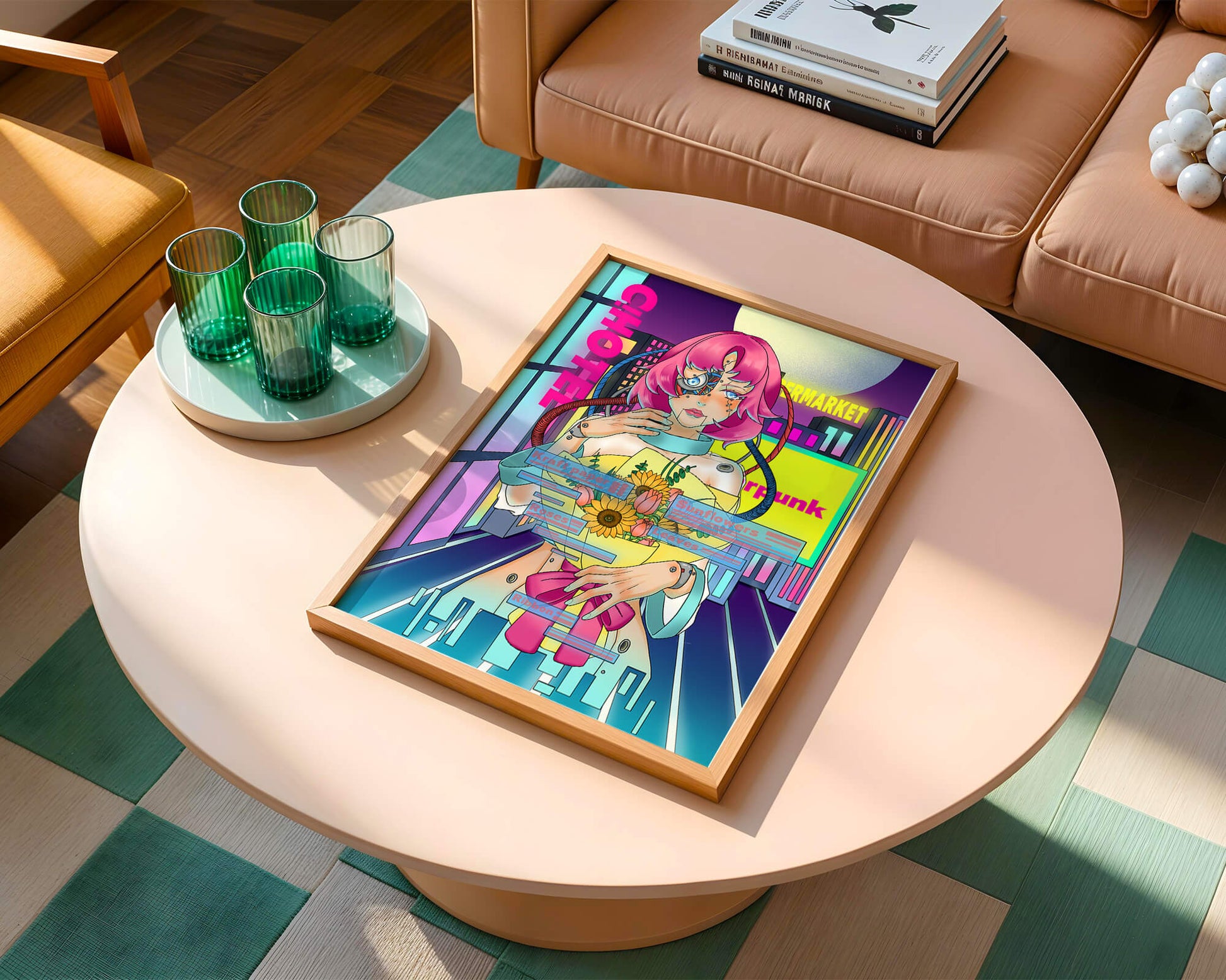 Futuristic cyberpunk woman with a bouquet of flowers in a neon cityscape