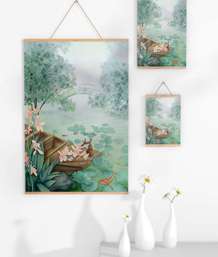 Serene Pond with Wooden Boat and Bridge Under Misty Sky - Mi tienda