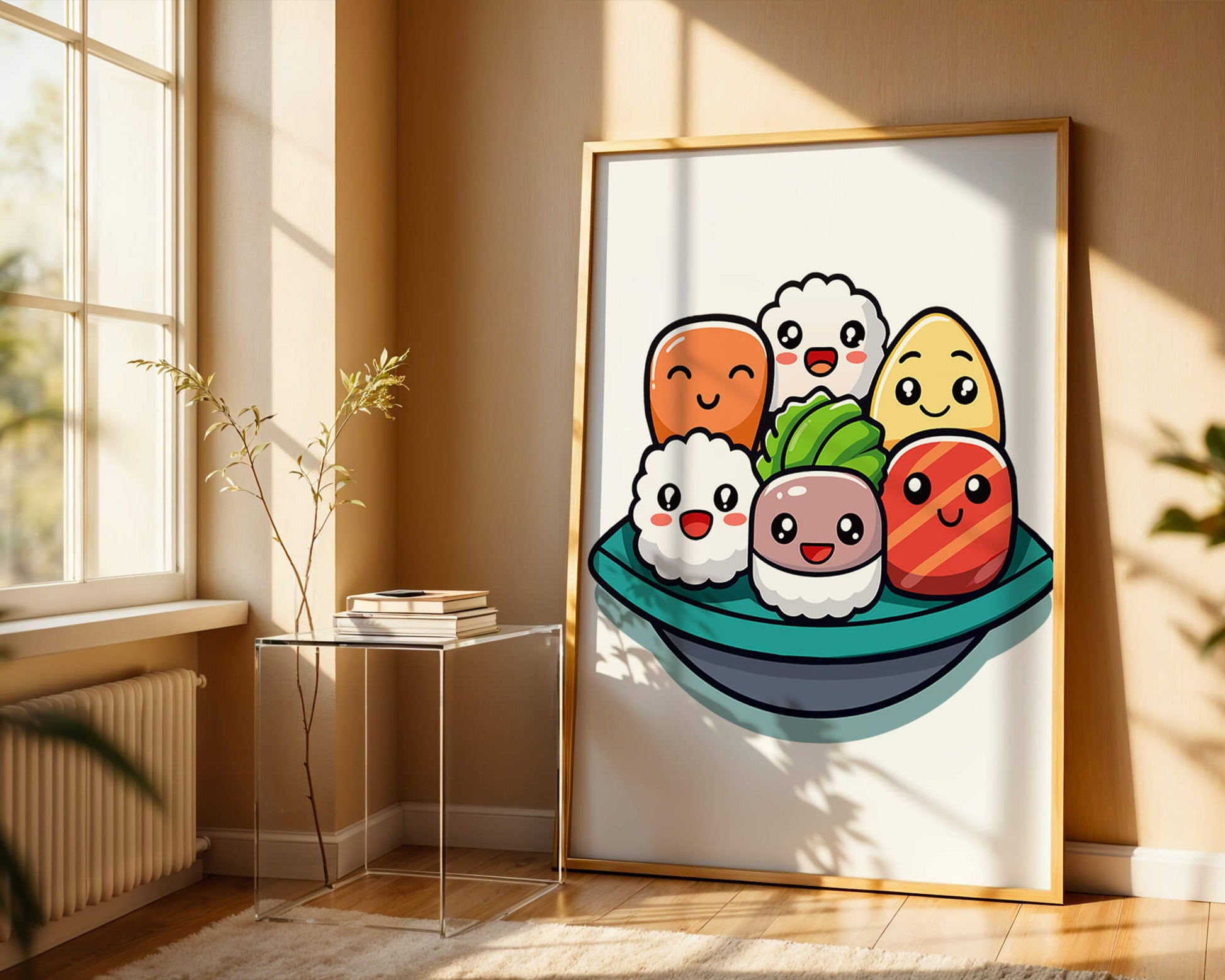 Adorable cartoon sushi characters in a bowl illustration