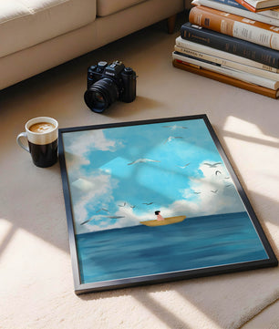 Peaceful seascape illustration with a boat and birds
