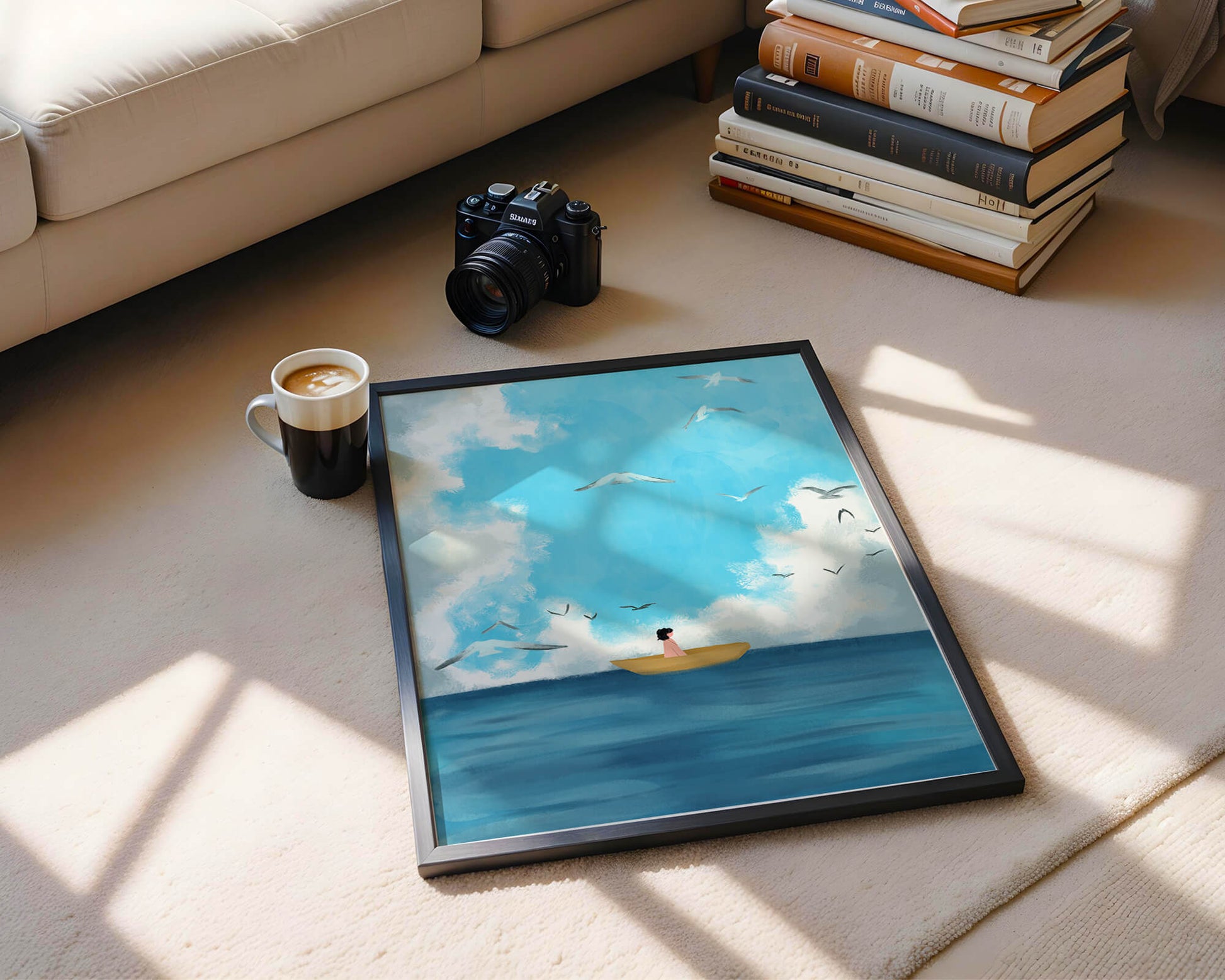 Peaceful seascape illustration with a boat and birds