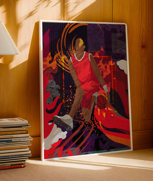 Ilustración dinámica de un jugador de baloncesto en movimiento con patrones abstractos