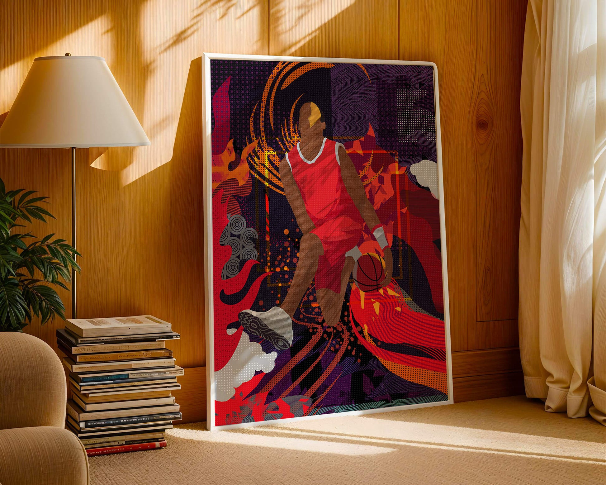 Dynamic illustration of a basketball player in motion with abstract patterns