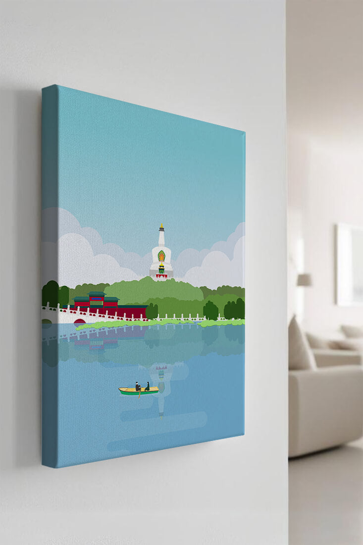 Serene lake scene with pagoda and rowing boat