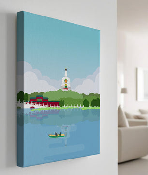 Escena de lago sereno con pagoda y bote de remos